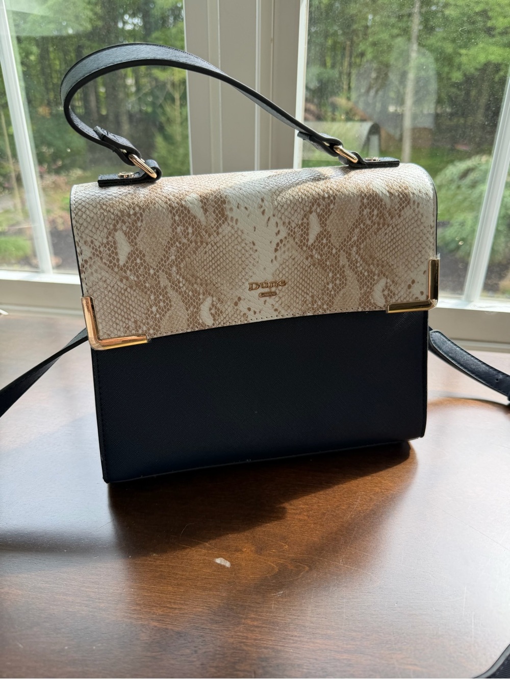 New w/o tag:Dune London Two-Tone Snake-Print Top Handle Bag in Navy and Cream